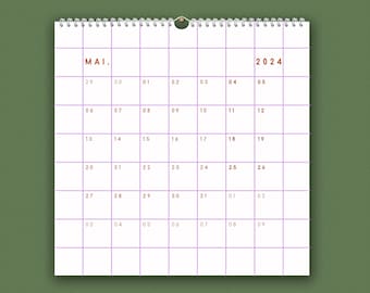 großer Kalender 2024, quadratisch, Monatskalender, Wandkalender, Ringbindung, 30x30 cm, Naturpapier, kariert, violett,