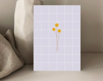 Cartão Craspedia, baquetas, bolas amarelas, flor amarela, cartão postal, cartão de aniversário, cartão presente, cartão de flor, motivo botânico, Din A6