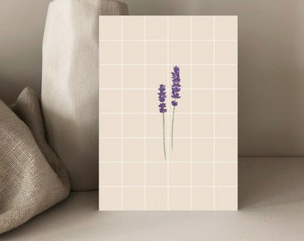 Lavendel Postkarte, kariert, Karte, Postkarte, Lila&Gelb, minimalistisch Karte, Blumenmotiv, Lavendel, Din A6