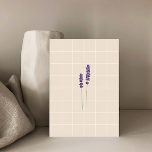 Postal de lavanda Tarjeta postal a cuadros Tarjeta minimalista púrpura y amarilla Lavanda floral A6