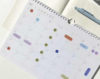 Calendario 2026/2027 con punti adesivi, calendario da scrivania, calendario da parete, agenda annuale 2027, riepiloghi mensili, formato A4, A3, orizzontale, rilegatura del calendario