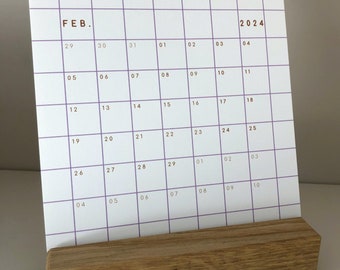 Calendrier de bureau avec support en bois, calendrier 2024, motif à carreaux, calendrier à carreaux, calendrier de bureau, VIOLET, calendrier carré, 14,8 x 14,8