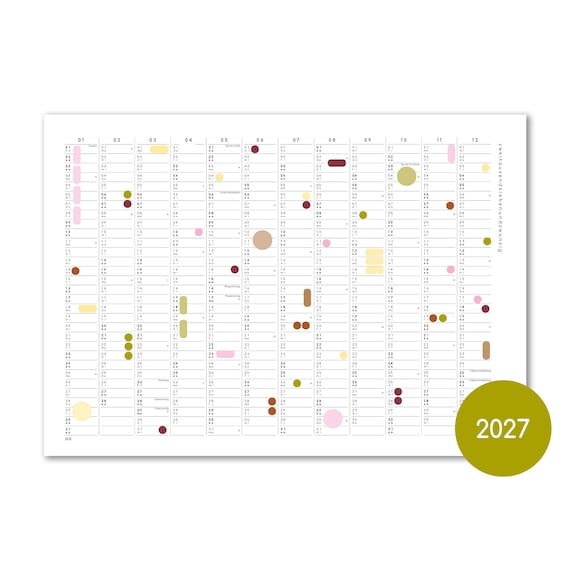 Jahresplaner A2/A1 mit Klebepunkten, Kalender 2027, Kalender mit Aufklebern, Jahresübersicht, Kalenderposter, großer Wandkalender, Kalender