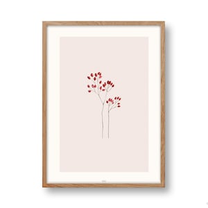 Póster floral DIN A4 | Baya | Rama de escaramujo | Escaramujos | Floral | Botánico | Póster de plantas | Imagen de flores | Minimalista | Abstracto