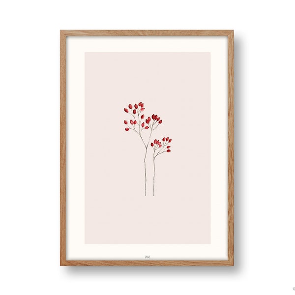 florales Poster Din A4 | Beere | Hagebuttenzweig | Hagebutten | floral | botanisch | Pflanzenposter | Blumenbild | minimalistisch | abstrakt