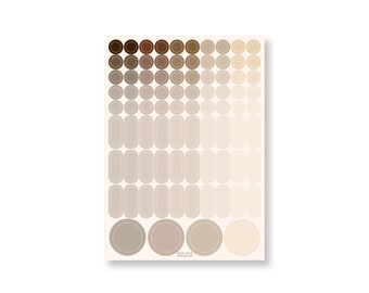 Könnte beinhalten: Eine Bogen mit Aufklebern in einem Farbverlauf von Braun, Beige und Creme. Die Aufkleber sind in Form von Kreisen und Ovalen. Der Bogen ist mit "New York City Design Co." beschriftet.