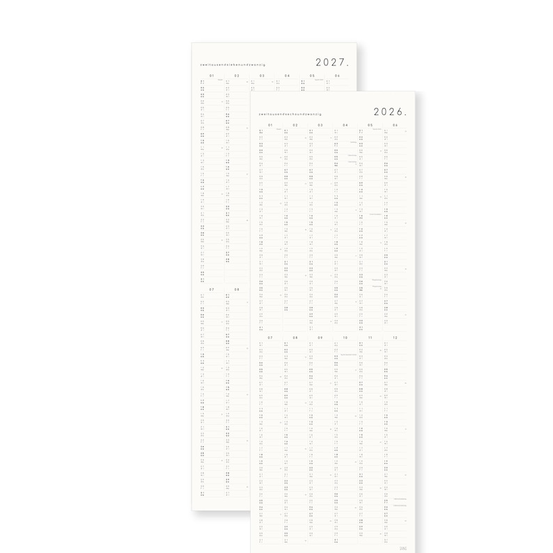 K&ouml;nnte beinhalten: Zwei vertikale Wandkalender in Wei&szlig; mit schwarzem Text. Ein Kalender ist mit 2026 und der andere mit 2027 beschriftet. Jeder verf&uuml;gt &uuml;ber ein lineares Rasterlayout, das die Monate 01 bis 12 anzeigt, mit nummerierten Tagen in Spalten zur Jahresplanung.