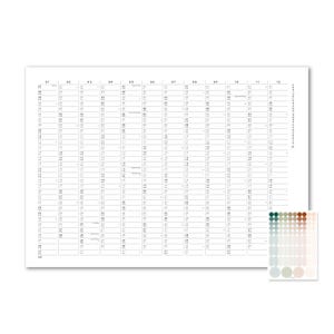 Peut inclure: Un calendrier mural blanc avec du texte noir affichant douze mois en colonnes, num&eacute;rot&eacute;es de 01 &agrave; 12. Le texte "zweitausendsiebenundzwanzig" est imprim&eacute; verticalement sur la droite. Inclut une feuille s&eacute;par&eacute;e d'autocollants circulaires d&eacute;grad&eacute;s.
