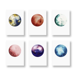 CARTE POSTALE Ensemble de 6 cartes, aquarelles lunaires, cartes lunaires, cartes de vœux, cartes-cadeaux, planètes, 6 cartes postales par jeu, en DIN A6