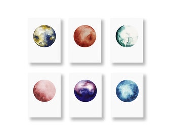 POSTKARTEN-Set aus 6 Karten, Mondaquarelle, Mond-Karten, Grußkarten, Geschenkkarten, Planeten, 6 Postkarten pro Set,  in DIN A6