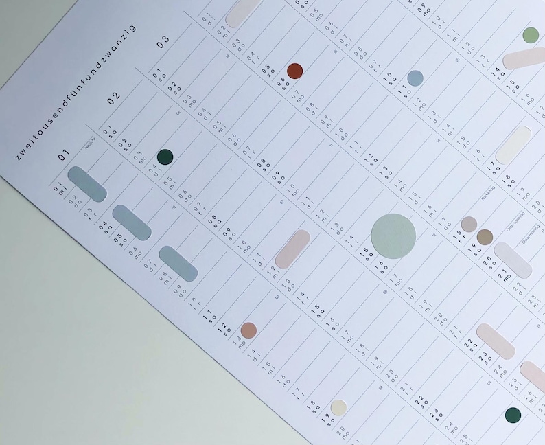 Peut inclure: Un calendrier mural blanc pour l'ann&eacute;e zweitausendf&uuml;nfundzwanzig pr&eacute;sentant une mise en page verticale. Le design comprend des colonnes pour les mois et les jours avec divers cercles et marqueurs en forme de pilule color&eacute;s en bleu, vert, rouge et beige.