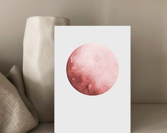 Postcard MOON, globe, BIRTHDAY CARD, image CIRCLE, abstract, baby card, minimalist, watercolor painting, old pink, Din A6