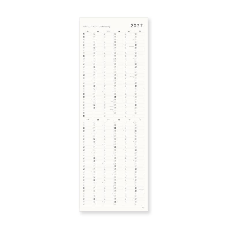 K&ouml;nnte beinhalten: Ein vertikaler Wandkalender f&uuml;r das Jahr 2027 auf wei&szlig;em Hintergrund. Das Layout zeigt zw&ouml;lf Spalten f&uuml;r jeden Monat, wobei die numerischen Daten in Zeilen aufgelistet sind. Der Text 2027 ist oben rechts in schwarzer Farbe aufgedruckt.