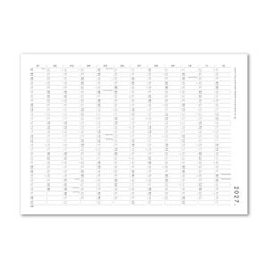 Peut inclure: Un calendrier mural blanc pour l'ann&eacute;e 2027 pr&eacute;sentant une mise en page en grille avec douze colonnes verticales repr&eacute;sentant chaque mois. Le texte 2027 est imprim&eacute; dans le coin inf&eacute;rieur droit et le texte allemand zweitausendundsiebenundzwanzig est &agrave; droite.
