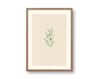Peut inclure: Une impression encadrée d'une peinture à l'aquarelle d'une branche d'olivier verte avec trois olives sur un fond beige.
