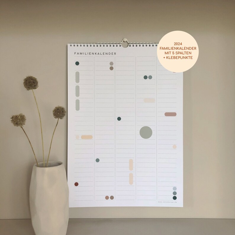 PAARKALENDER A3, Familienkalender 2024 mit Aufklebern, Kalender Klebepunkten, Familienplaner, Kalender mit 5 Spalten, großer Kalender A3 Bild 3