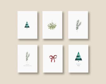 Peut inclure: Six cartes blanches avec différentes illustrations sur le thème de Noël. Les cartes présentent un arbre en aquarelle vert, un brin de gui vert, un brin de pin vert, un nœud rouge, un arbre en aquarelle vert avec le texte "Frohe Fest" et un brin de pin vert avec le texte "Frohe Weihnachten".