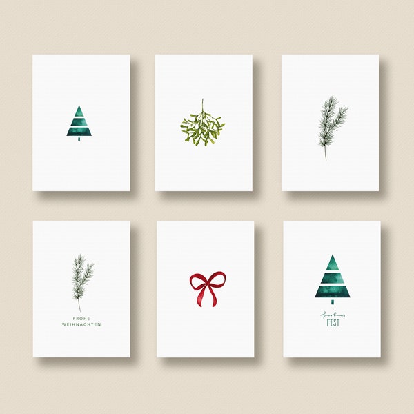 Set de cartes de Noël, cartes postales Noël, branche de sapin, sapin de Noël, Noël, 6 cartes postales avec enveloppes, Din A6