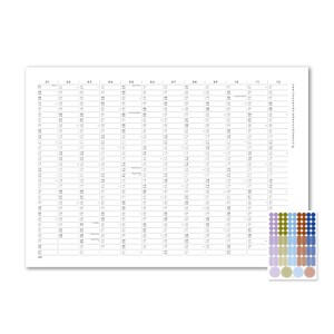 Peut inclure: Un calendrier mural blanc pr&eacute;sentant une mise en page en grille avec douze colonnes verticales repr&eacute;sentant les mois, les jours num&eacute;rot&eacute;s et le texte zweitausendiebenundzwanzig. Une feuille s&eacute;par&eacute;e de petits autocollants ronds et ovales est incluse.