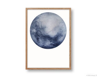 Poster BLAU, KREIS, MOND, abstrakt, minimalistisch, geometrisch, modern, Vollmond, Aquarellposter, Mondprint, Blau, Dunkelblau, Din A3