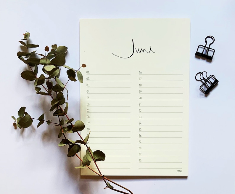 May include: A blank monthly calendar page with the word "Juni" written at the top. The calendar is on a white surface with a sprig of eucalyptus leaves and two black binder clips.
