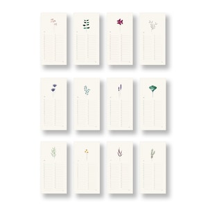 Pu&ograve; includere: Dodici carte da calendario floreale stampabili con un design semplice. Ogni carta presenta un'illustrazione diversa ad acquerello di un fiore o una pianta, con uno spazio vuoto per scrivere date ed eventi. Le carte sono perfette per aggiungere un tocco di natura alla tua casa o al tuo ufficio.