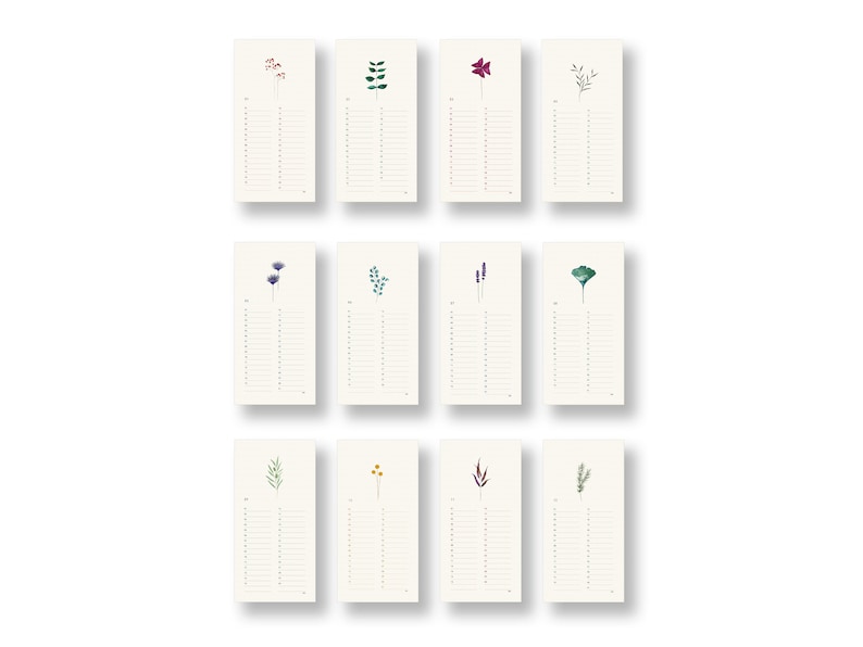 Pu&ograve; includere: Dodici carte da calendario floreale stampabili con un design semplice. Ogni carta presenta un'illustrazione diversa ad acquerello di un fiore o una pianta, con uno spazio vuoto per scrivere date ed eventi. Le carte sono perfette per aggiungere un tocco di natura alla tua casa o al tuo ufficio.