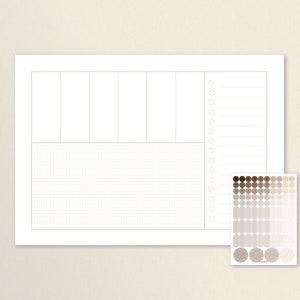Könnte beinhalten: Ein weißer druckbarer Planer mit einem karierten Bereich, einer Spalte mit Kreisen und einem Bereich für Notizen. Der Planer enthält außerdem eine Blatt mit braunen, beigefarbenen und weißen Kreisaufklebern.