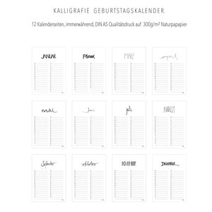 May include: A black and white printable birthday calendar with 12 pages, one for each month of the year. The calendar is designed with a simple, minimalist style and features handwritten month names in German.