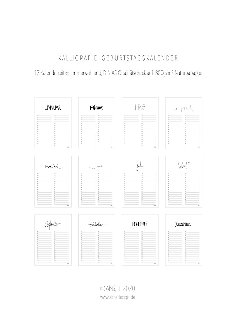 May include: A black and white printable birthday calendar with 12 pages, one for each month of the year. The calendar is designed with a simple, minimalist style and features handwritten month names in German.