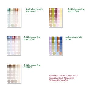Peut inclure: Cinq feuilles d'autocollants en forme de points dans diverses palettes de couleurs, &eacute;tiquet&eacute;es Aufkleberpunkte ERDT&Ouml;NE, WALDT&Ouml;NE, BLAUT&Ouml;NE, BUNT et COFFEE. Chaque feuille contient des rang&eacute;es de petits points et quelques grands points en bas.