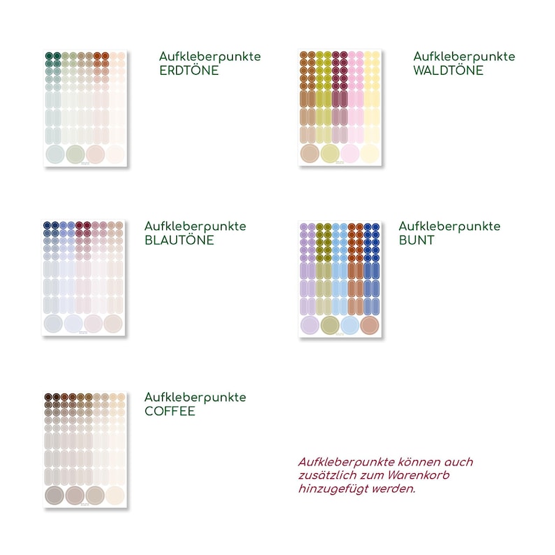 Peut inclure: Cinq feuilles d'autocollants en forme de points dans diverses palettes de couleurs, &eacute;tiquet&eacute;es Aufkleberpunkte ERDT&Ouml;NE, WALDT&Ouml;NE, BLAUT&Ouml;NE, BUNT et COFFEE. Chaque feuille contient des rang&eacute;es de petits points et quelques grands points en bas.