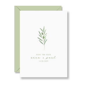 Save the Date Karte, Save the Date Olivenweig, Hochzeitseinladung, STD Karte personalisiert, personalisierte Karte zur Hochzeit, Din A6