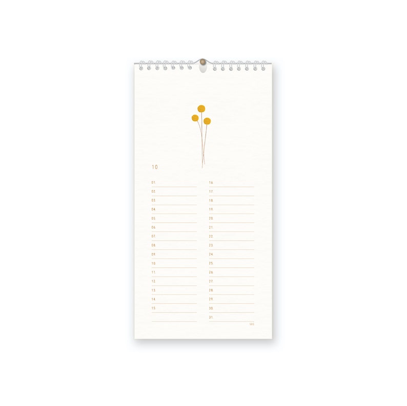 Pu&ograve; includere: Un calendario bianco con un design semplice che presenta un piccolo gruppo di fiori gialli. Il calendario &egrave; per ottobre e ha 31 giorni.
