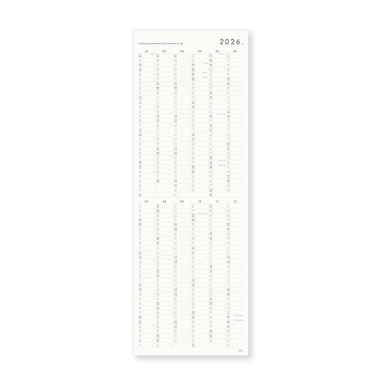 K&ouml;nnte beinhalten: Ein vertikaler Wandkalender f&uuml;r das Jahr 2026 mit wei&szlig;em Hintergrund und schwarzem Text. Das Layout zeigt zw&ouml;lf Spalten f&uuml;r die Monate, wobei die nummerierten Tage in Zeilen angeordnet sind. Der Text 2026 steht in der oberen rechten Ecke.