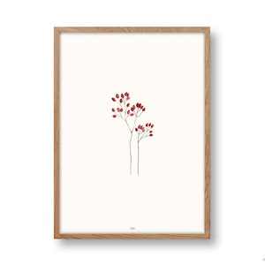póster floral Din A4 / A3, baya, rama de rosa mosqueta, escaramujos, botánico, póster de plantas, imagen de flores, minimalista, abstracto