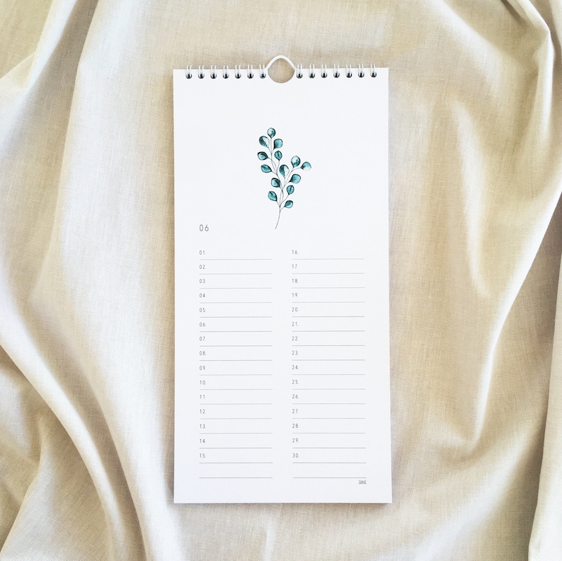 Pu&ograve; includere: Un calendario bianco con un design semplice che presenta un piccolo ramo verde con foglie. Il calendario &egrave; per giugno e ha i giorni numerati da 1 a 30.