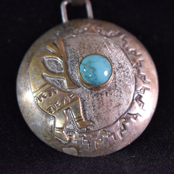 Sterling 12kt Gold Filled Kokopelli Flute Player Turquoise Stone Vintage Pendant Necklace - Robert Johnson Navajo - Sterling Chain