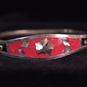 Alpaca Mexico Vintage Handmade Abalone Shell Flower Hinged Cuff Bracelet