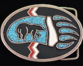 Bear Paw Track Turquoise Inlay Solid Brass Southwestern Vintage Belt Buckle