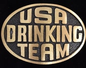 1978 USA Drinking Team Funny Gag Novelty College Frat Solid Brass Vintage Belt Buckle - BTS Made in USA
