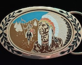 Native American Feather Headdress Village Pony Chief Solid Brass Vintage Belt Buckle