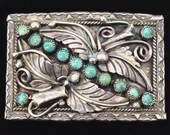 Sterling Silver Floral Scroll Stem and Leaf Berry Turquoise Stones Handmade Vintage Belt Buckle