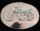 1980 39 s Nickel Silver Turquoise Chip Inlay Motorcycle Vintage Belt Buckle