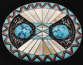 Sterling Silver Turquoise MOP Mother of Pearl Red Coral Onyx Inlay Handcrafted Artwork Artisan Vintage Belt Buckle