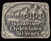 Budweiser Clydesdale Horses Carriage 50 Years Commemorative Solid Brass Vintage Belt Buckle