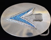 1980s Southwestern Crushed Turquoise Stone Inlay Arrowhead Nickel Silver Vintage Belt Buckle