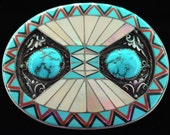 Sterling Silver Turquoise MOP Mother of Pearl Red Coral Onyx Inlay Handcrafted Artwork Artisan Vintage Belt Buckle