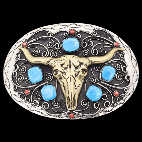 XL LARGE Longhorn Bull Skull Western Paisley Stones 1980s  display picture 1