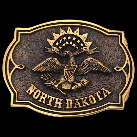 North Dakota Flag Seal Solid Brass Vintage Belt B… - image 2